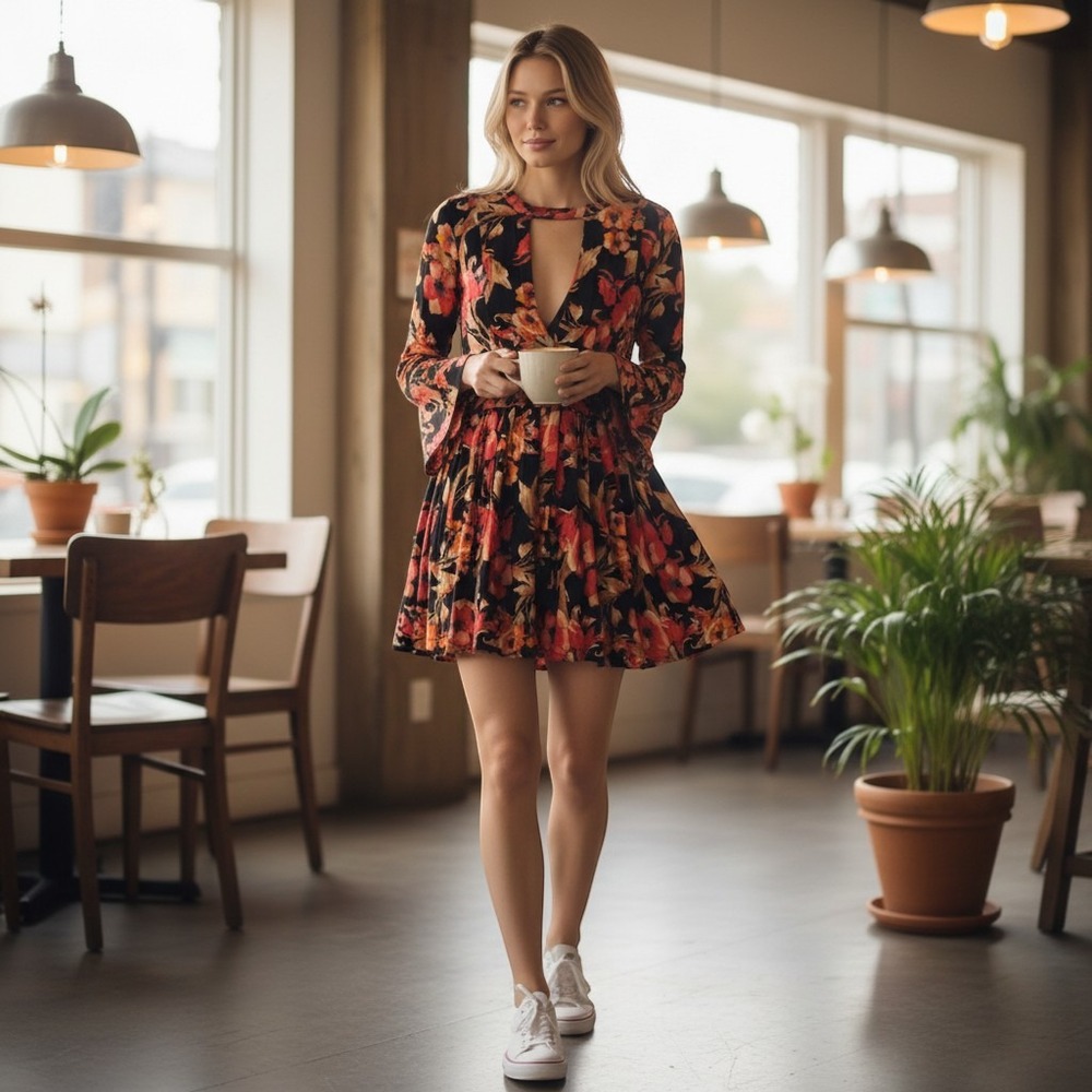 Free People Women's 6 Black Red Floral Cutout V-Neck Long Sleeve Mini Dress Boho